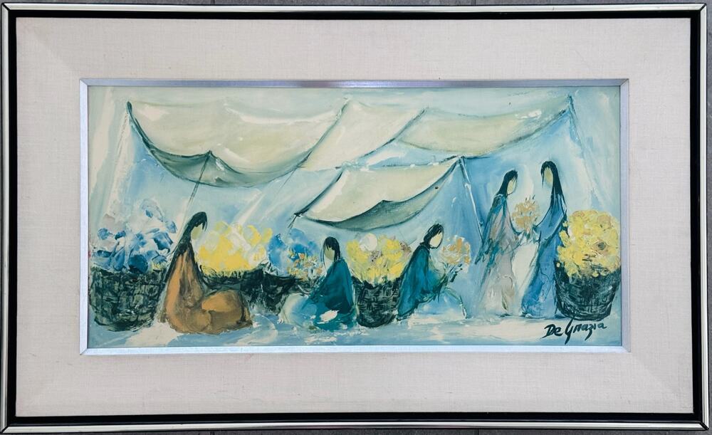 Mid-Century Ted DeGrazia "Flower Market" Framed Lithographic Art Print 1957